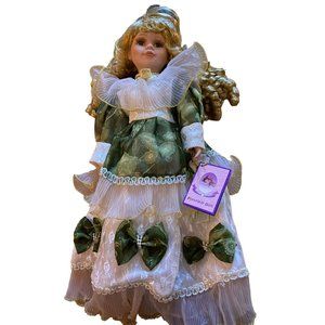 16 inch Goldenvale Collection Blonde Porcelain doll Claire, Green Dress Christma